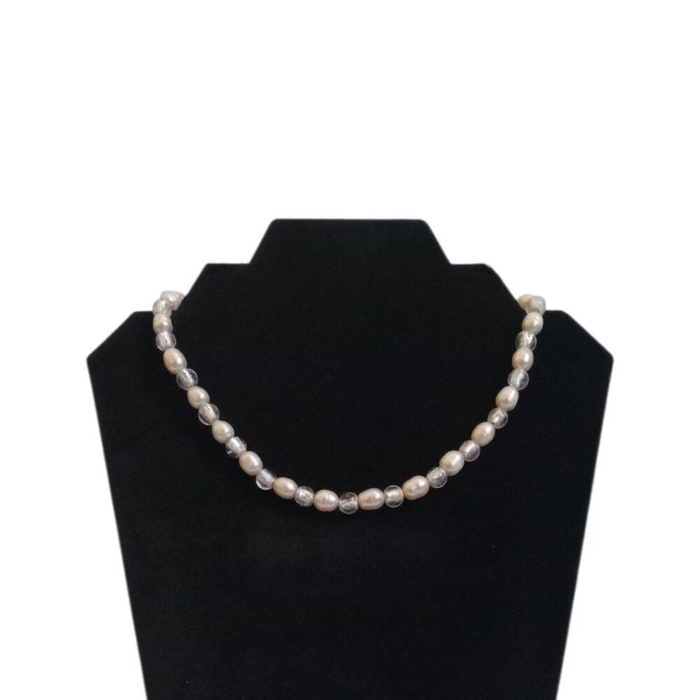 Freshwater Pearl & Alternating Clear Silver Beaded Single Strand Choker Necklace